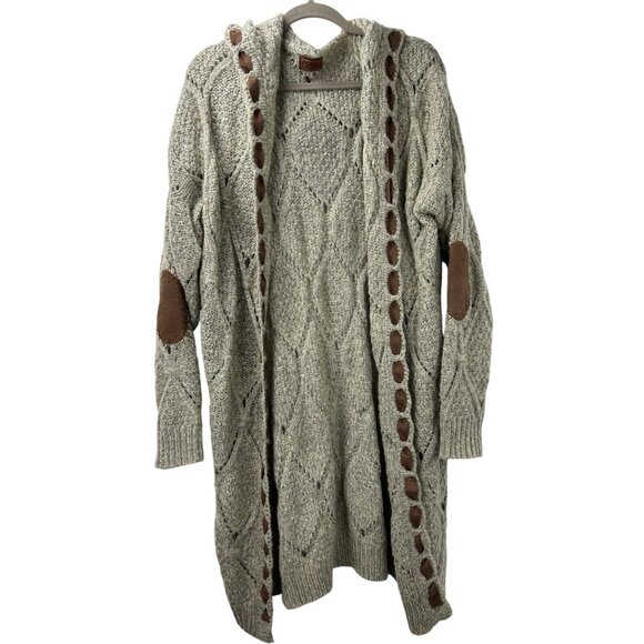 POL Cardigan Sweater M Beige Faux Suede Cable Hood Duster Long Boho Western` - Picture 7 of 16